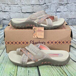 Skechers Reggae Splatter Sandals Women’s 7 Taupe Slip-On Slide Thru Comfort NEW